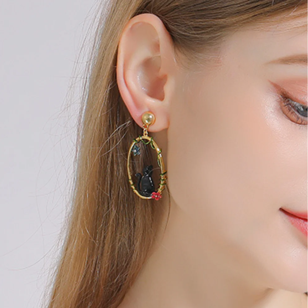 Enamel Diamond Black and White Cat Earrings-Evani Naomi Jewelry