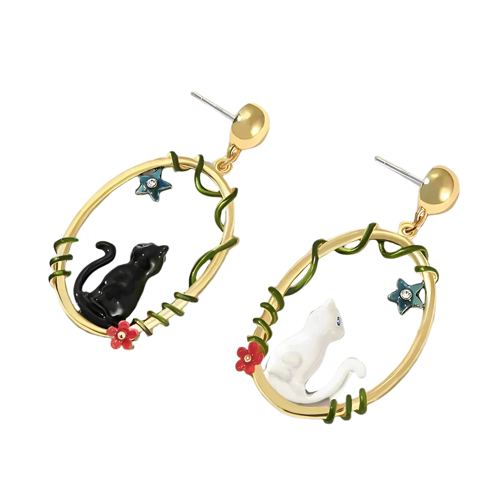 Enamel Diamond Black and White Cat Earrings-Evani Naomi Jewelry