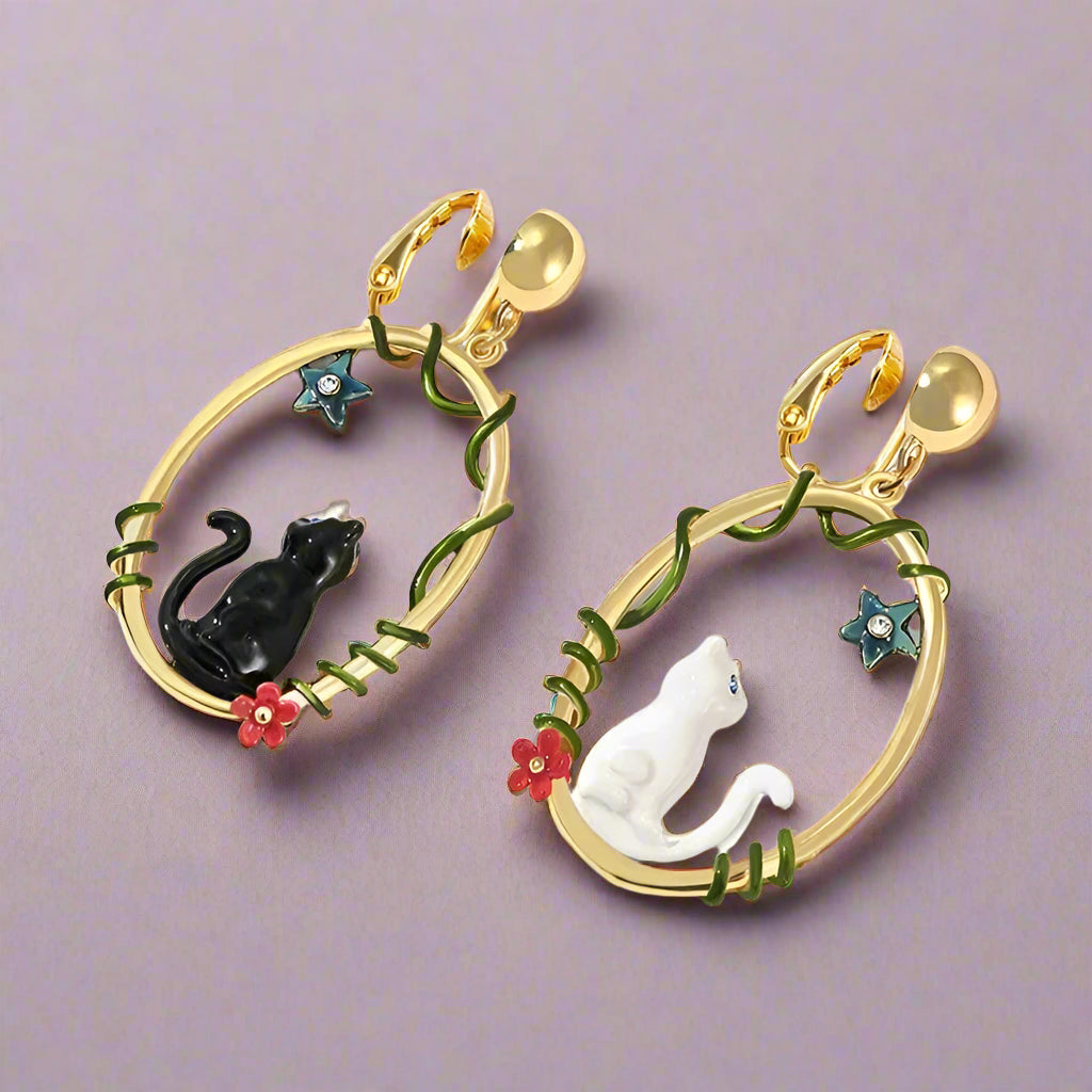 Enamel Diamond Black and White Cat Earrings-Evani Naomi Jewelry