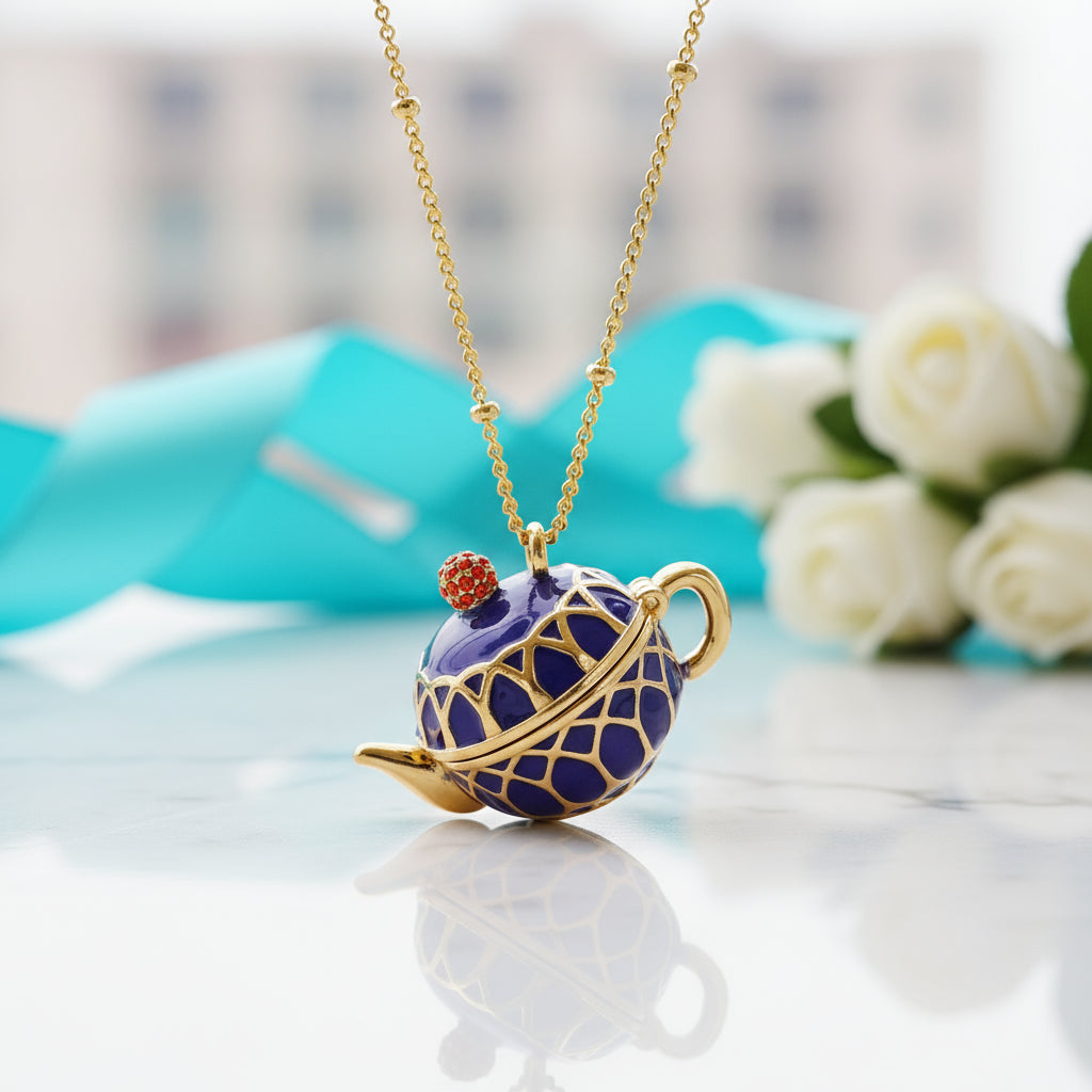 Enamel Diamond Teapot and Teacup Necklace-Evani Jewelry