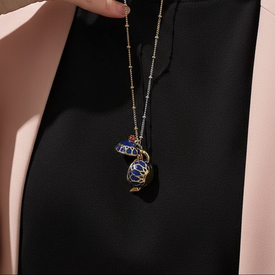 Enamel Diamond Teapot and Teacup Necklace-Evani Jewelry