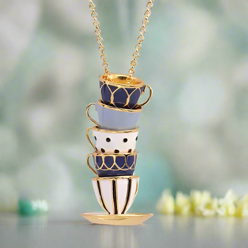 Enamel Diamond Teapot and Teacup Necklace-Evani Naomi Jewelry
