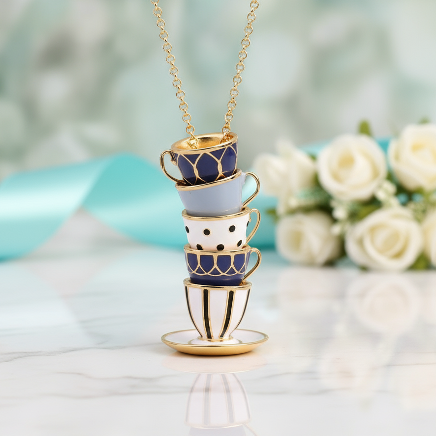 Enamel Diamond Teapot and Teacup Necklace-Evani Jewelry