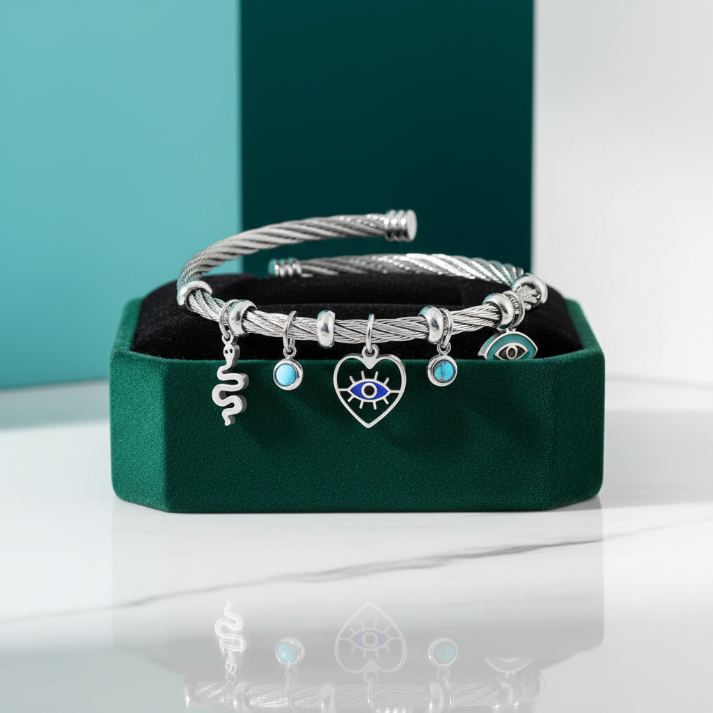 Enamel Snake Heart Evil Eye Stainless Steel Bracelet