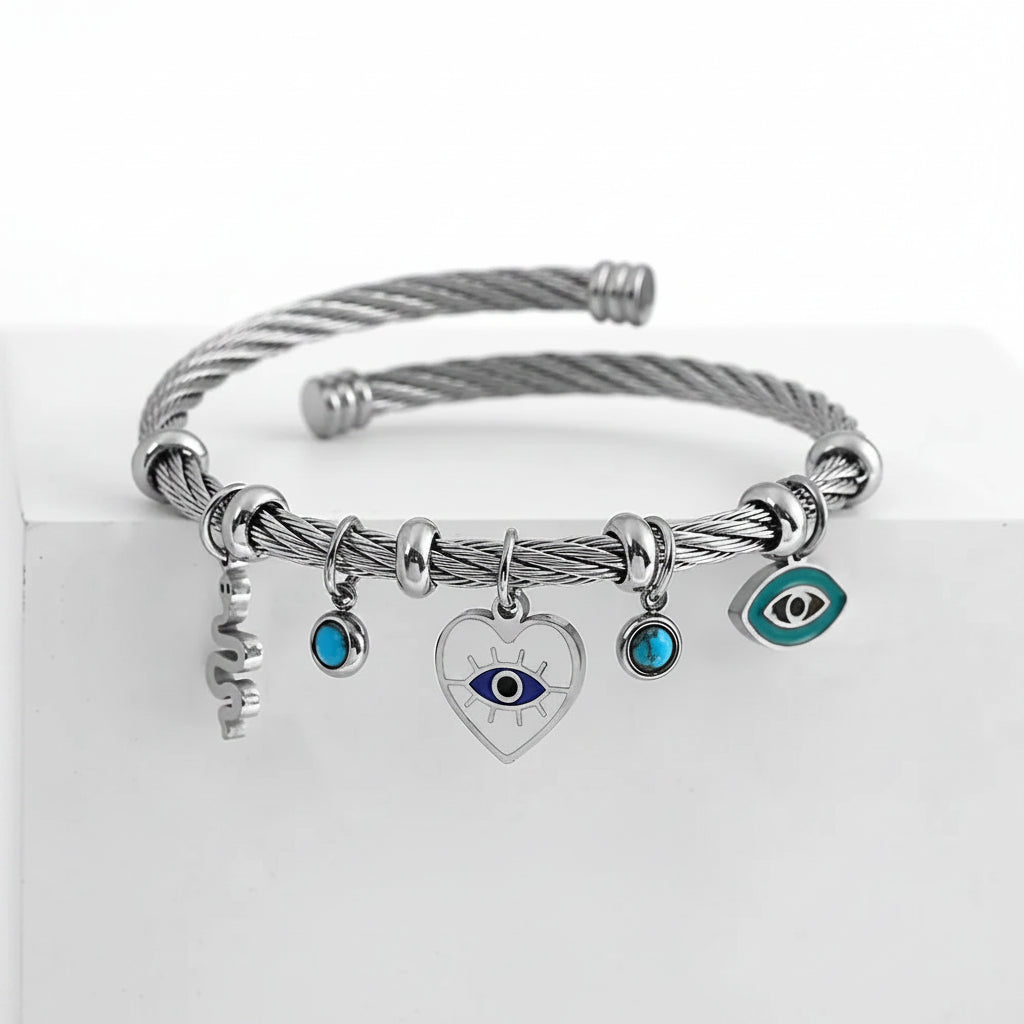 Enamel Snake Heart Evil Eye Stainless Steel Bracelet-Evani Jewelry