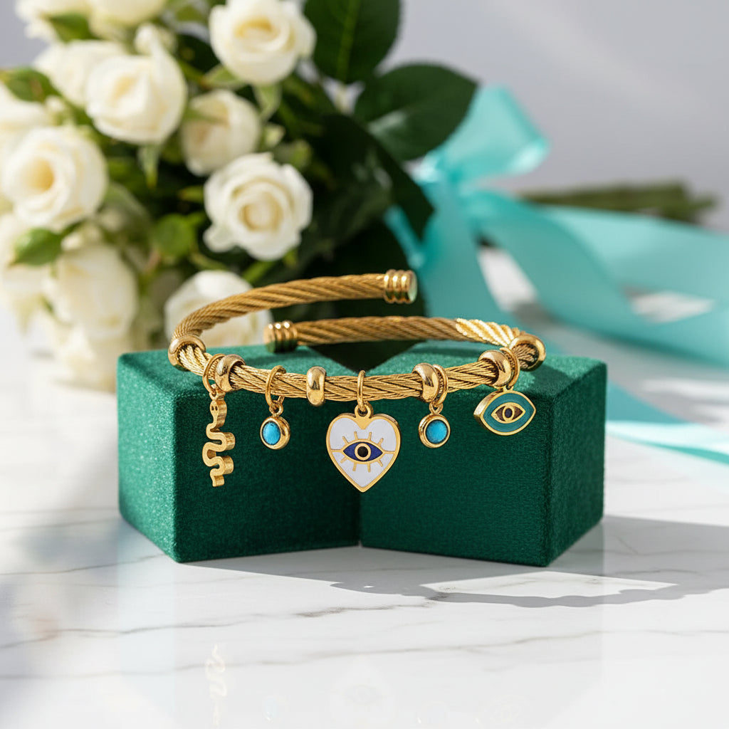 Enamel Snake Heart Evil Eye Stainless Steel Bracelet-Evani Jewelry