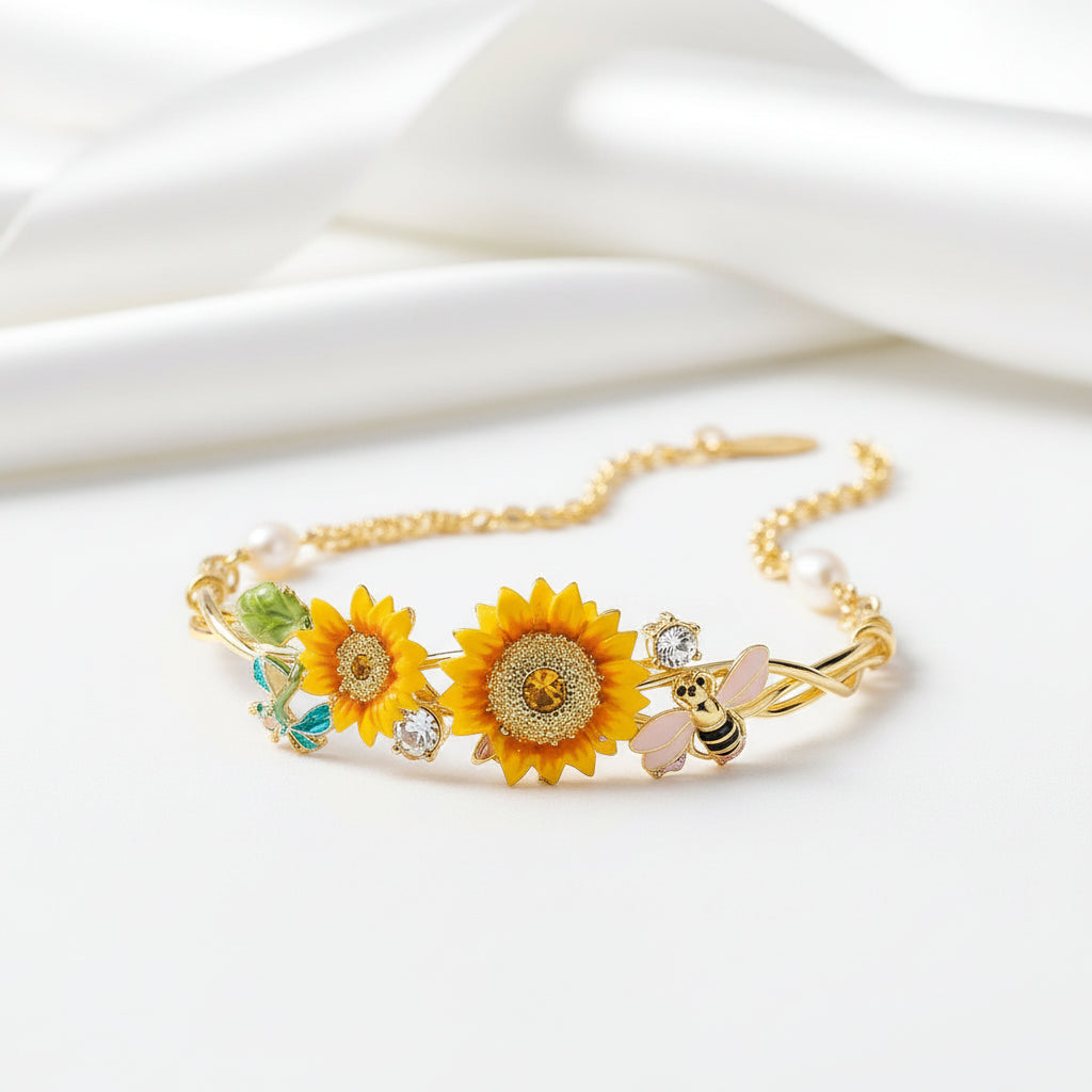Enamel Sunflower and Bee Topaz Bracelet-Evani Jewelry