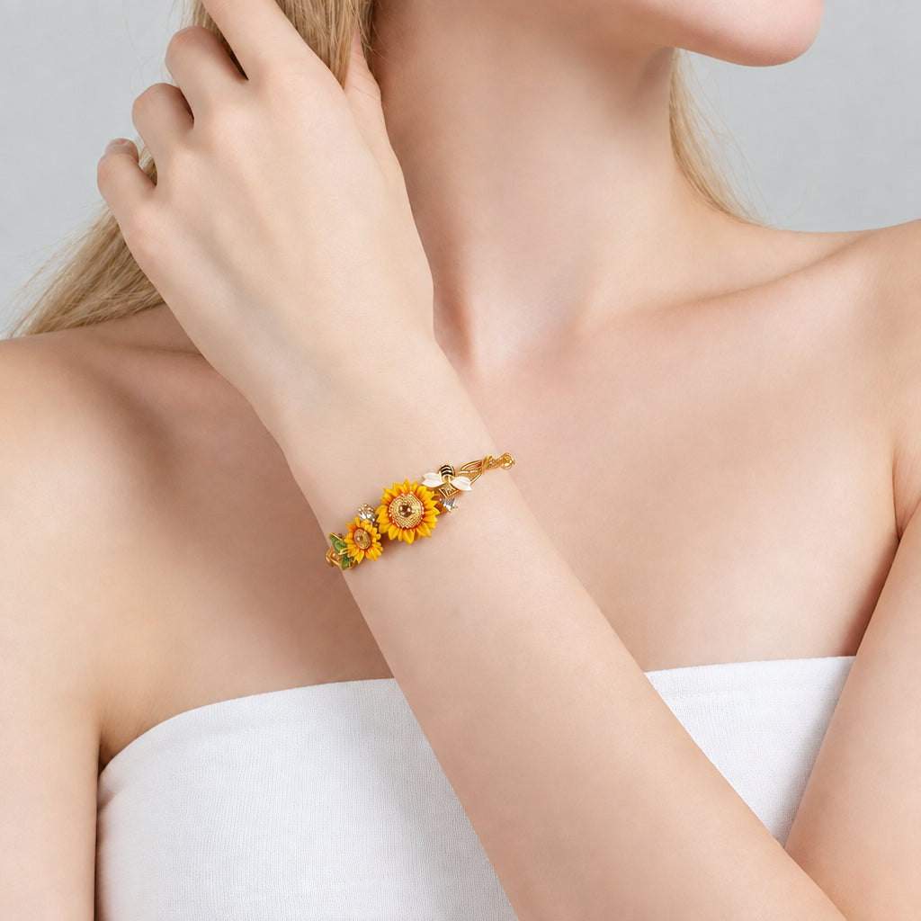 Enamel Sunflower and Bee Topaz Bracelet-Evani Jewelry