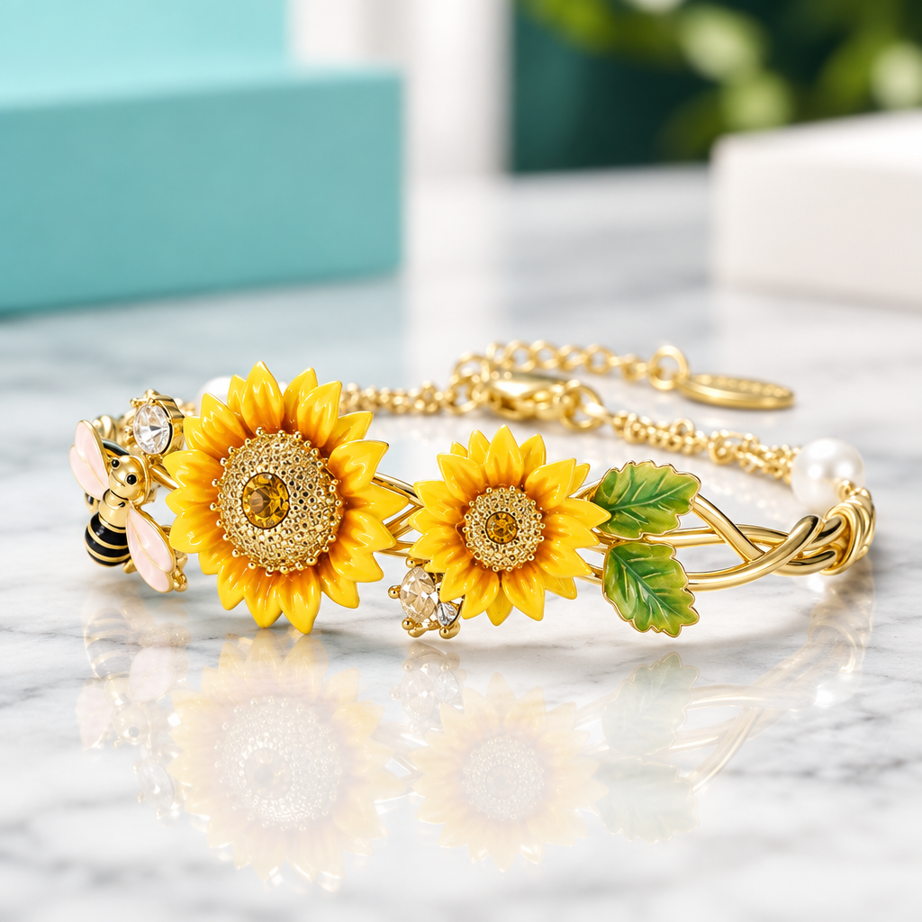 Enamel Sunflower and Bee Topaz Bracelet-Evani Jewelry