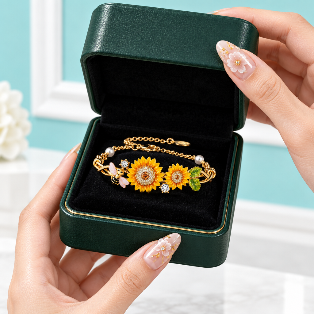 Enamel Sunflower and Bee Topaz Bracelet