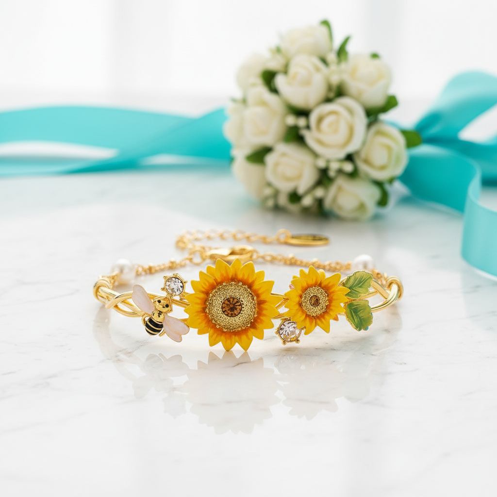 Enamel Sunflower and Bee Topaz Bracelet - Evani Naomi Jewelry