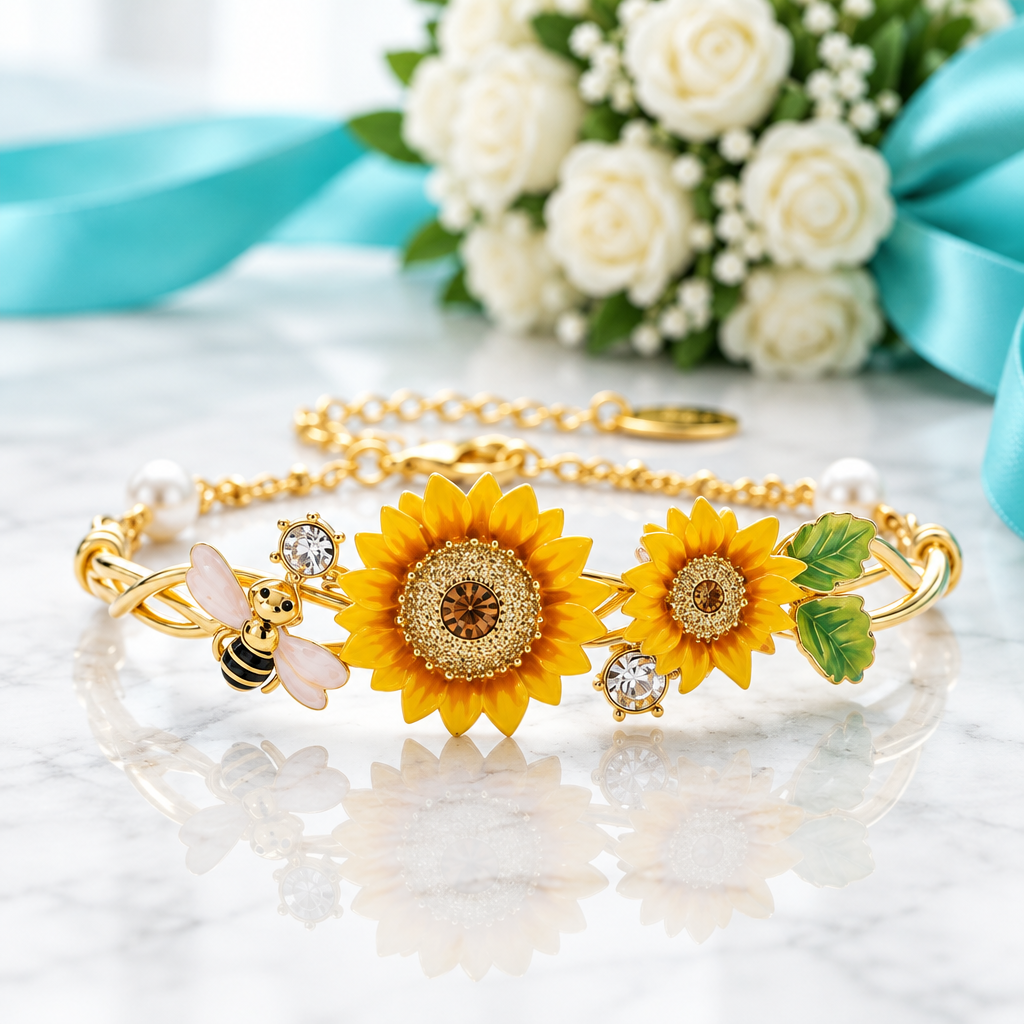Enamel Sunflower and Bee Topaz Bracelet - Evani Naomi Jewelry