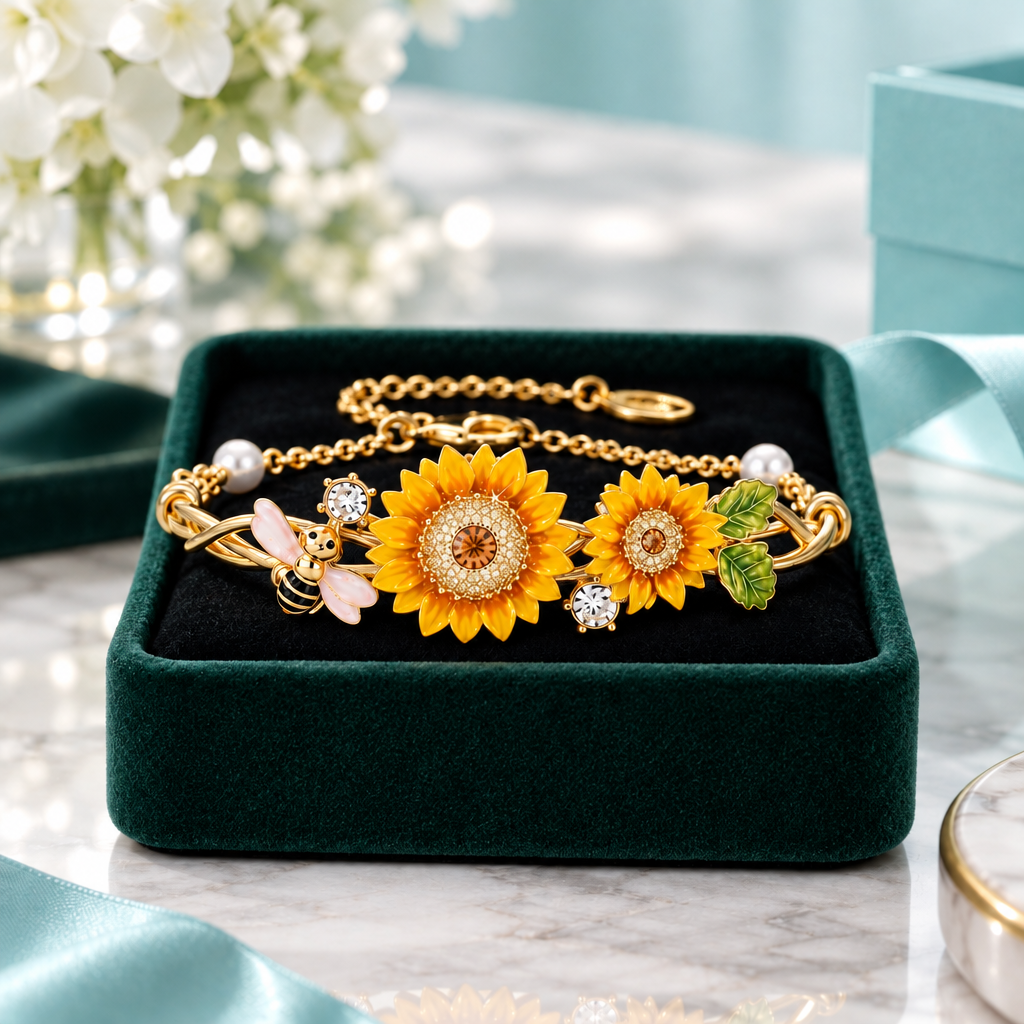Enamel Sunflower and Bee Topaz Bracelet
