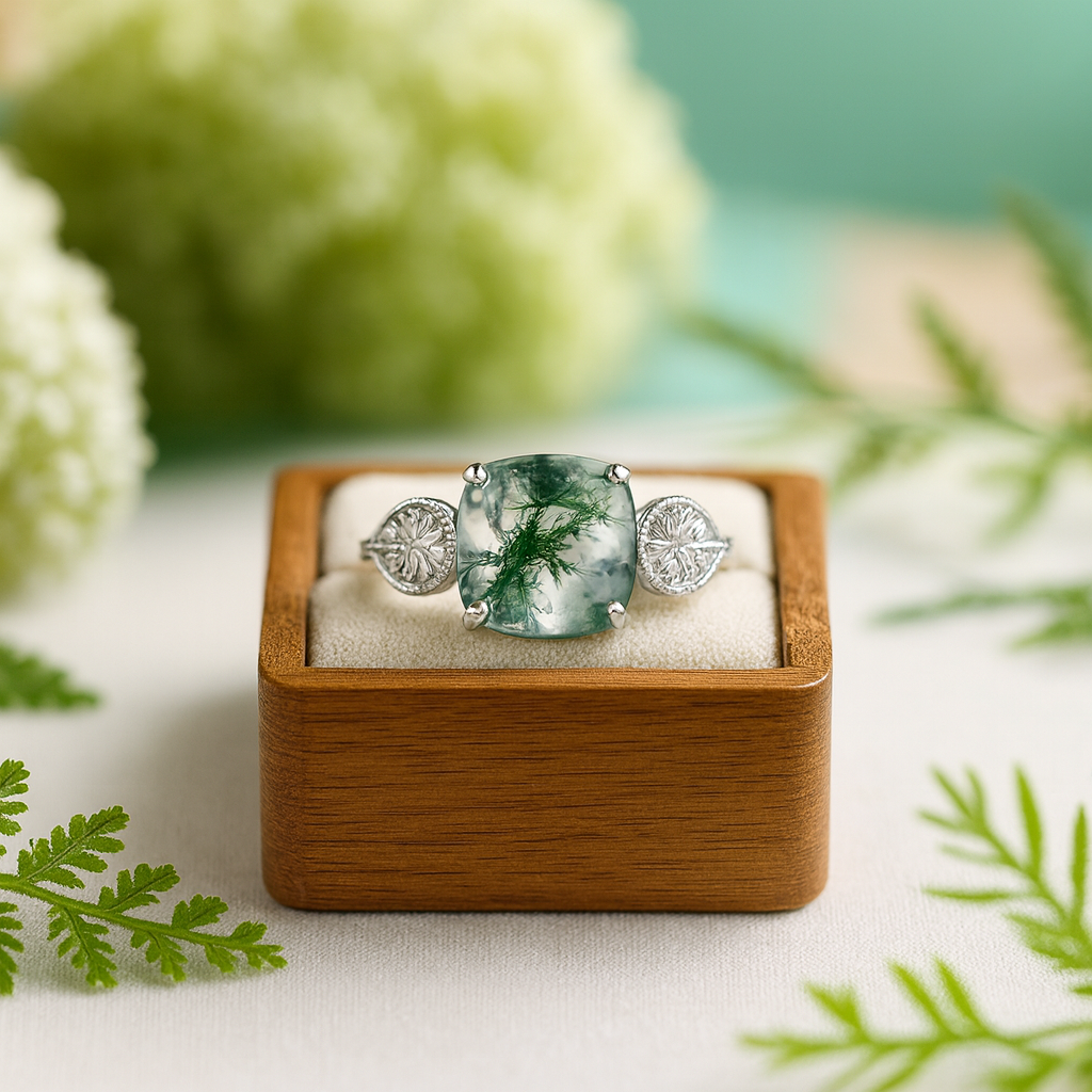 Ring with a green gemstone in a wooden box surrounded by greenery