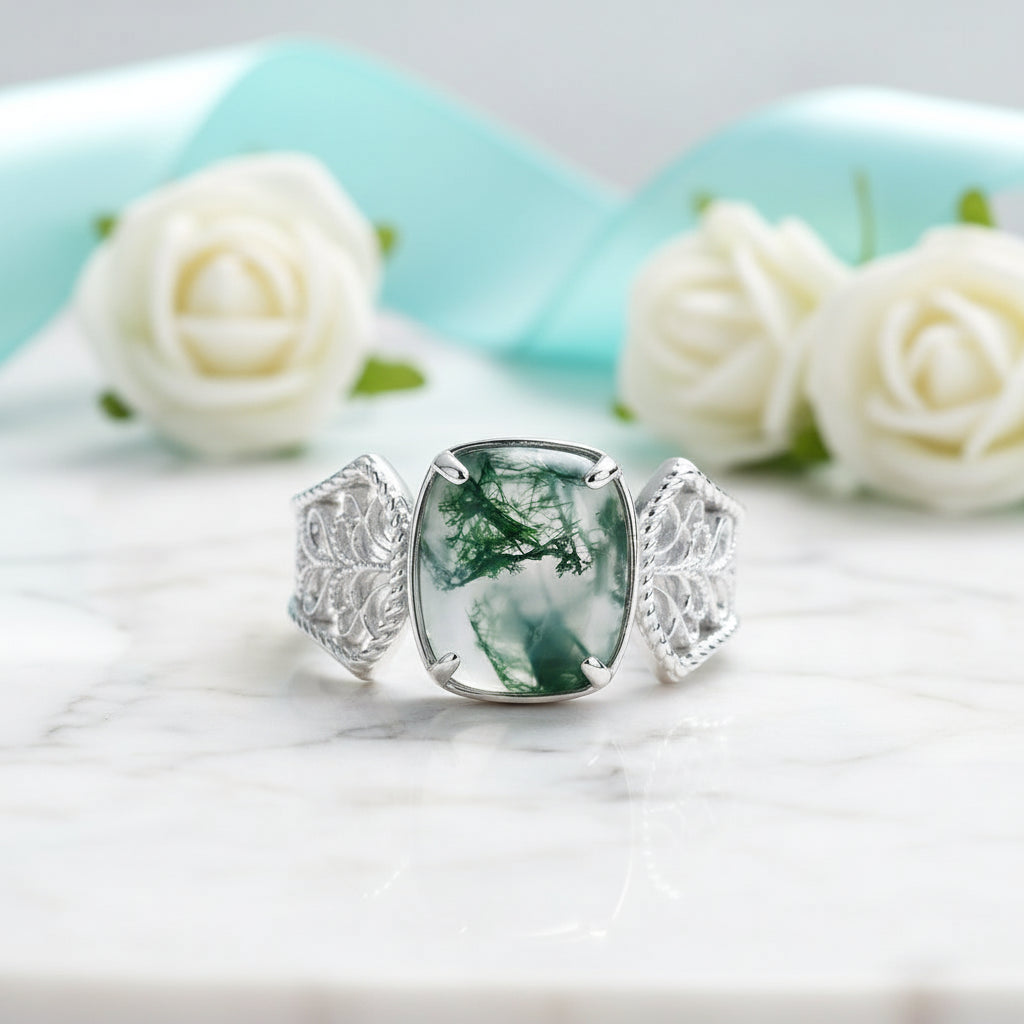 Endless Devotion- Natural Vintage Cushion Cut Moss Agate Ring-Evani Jewelry