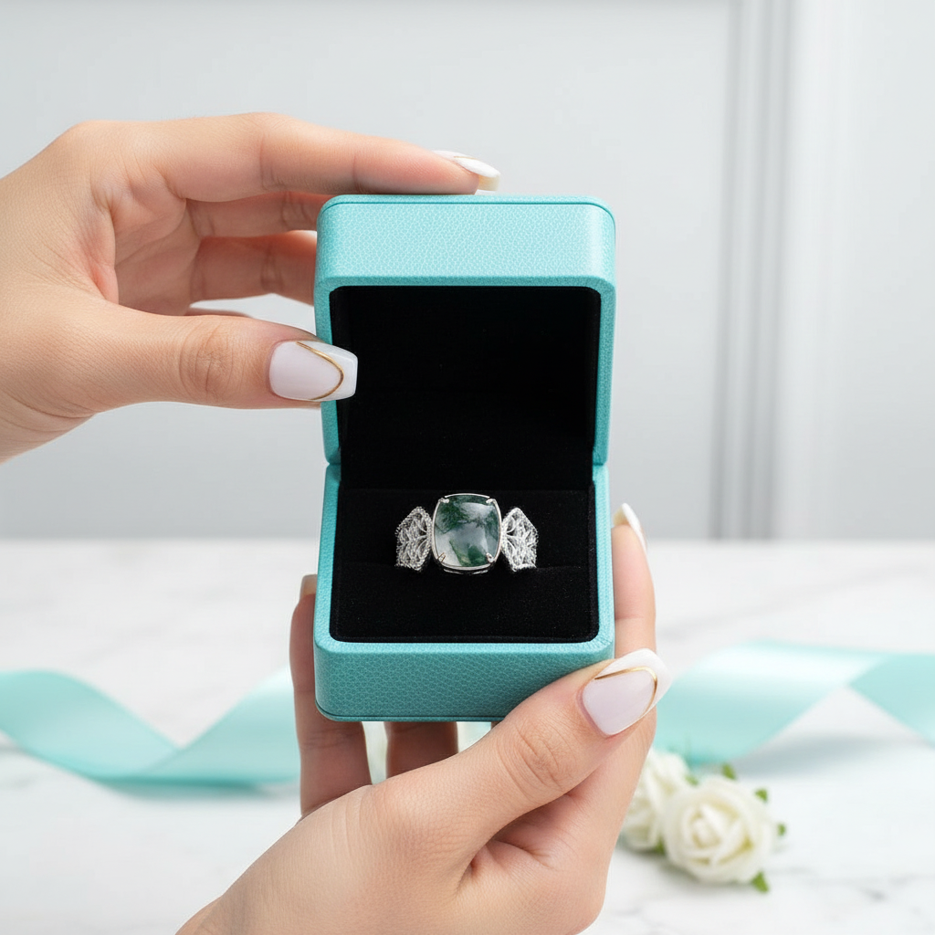 Endless Devotion- Natural Vintage Cushion Cut Moss Agate Ring - Evani Naomi Jewelry