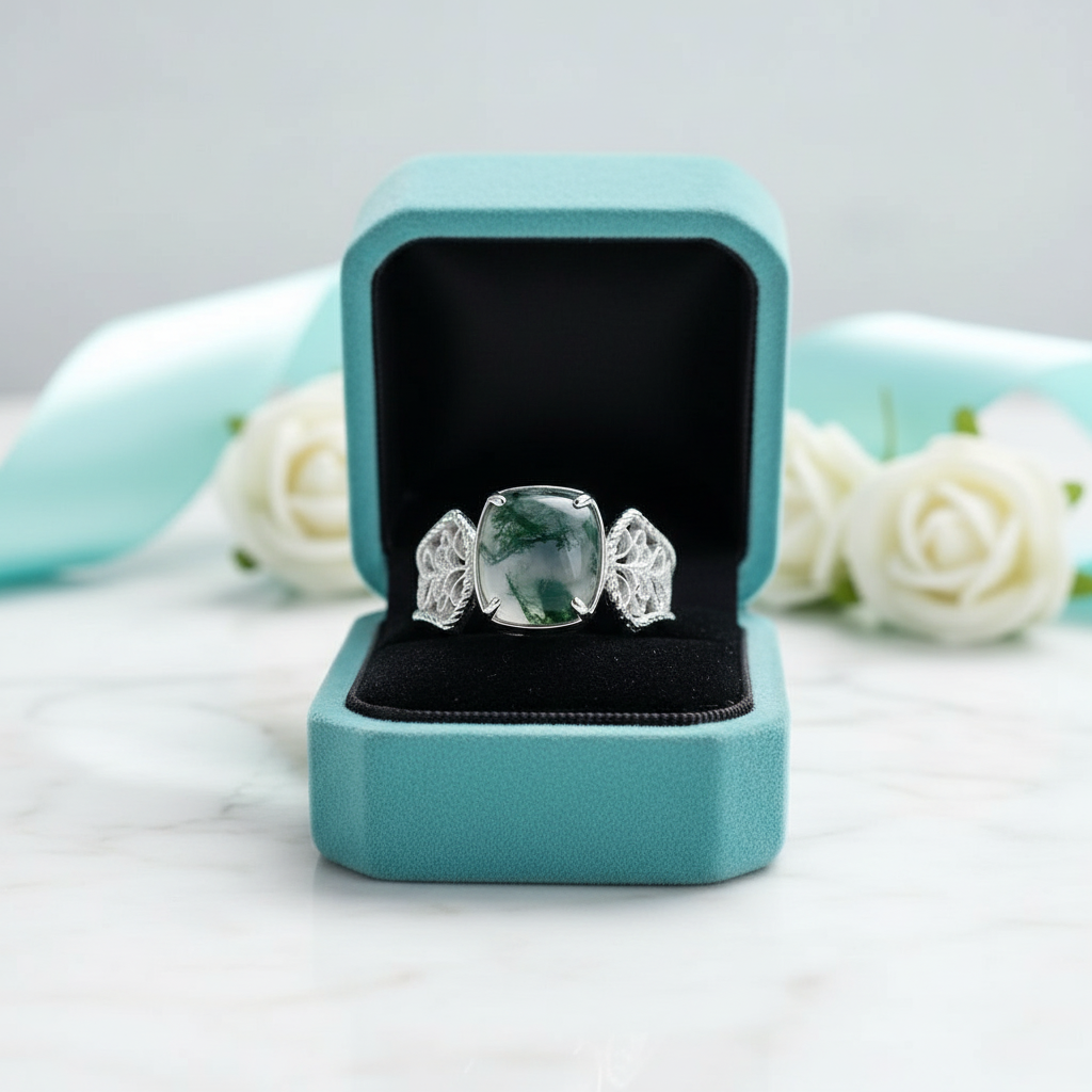 Endless Devotion- Natural Vintage Cushion Cut Moss Agate Ring - Evani Naomi Jewelry