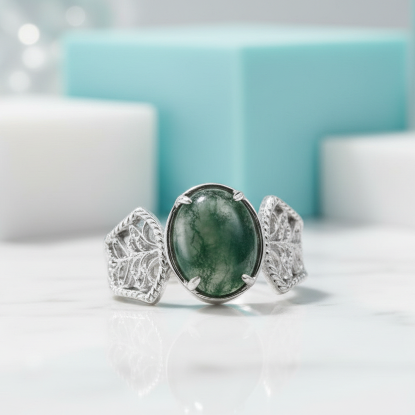 Endless Devotion- Natural Vintage Cushion Cut Moss Agate Ring