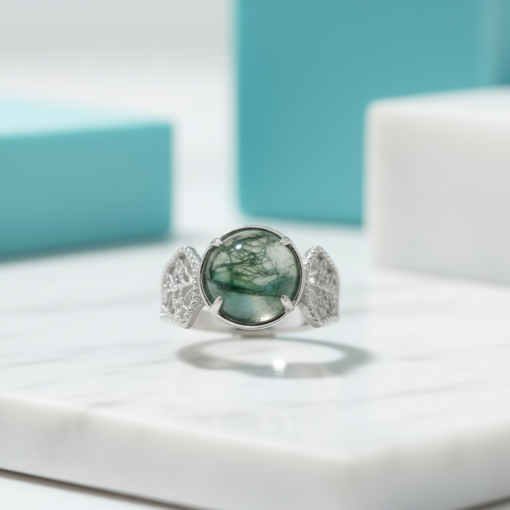 Endless Devotion- Natural Vintage Cushion Cut Moss Agate Ring - Evani Naomi Jewelry
