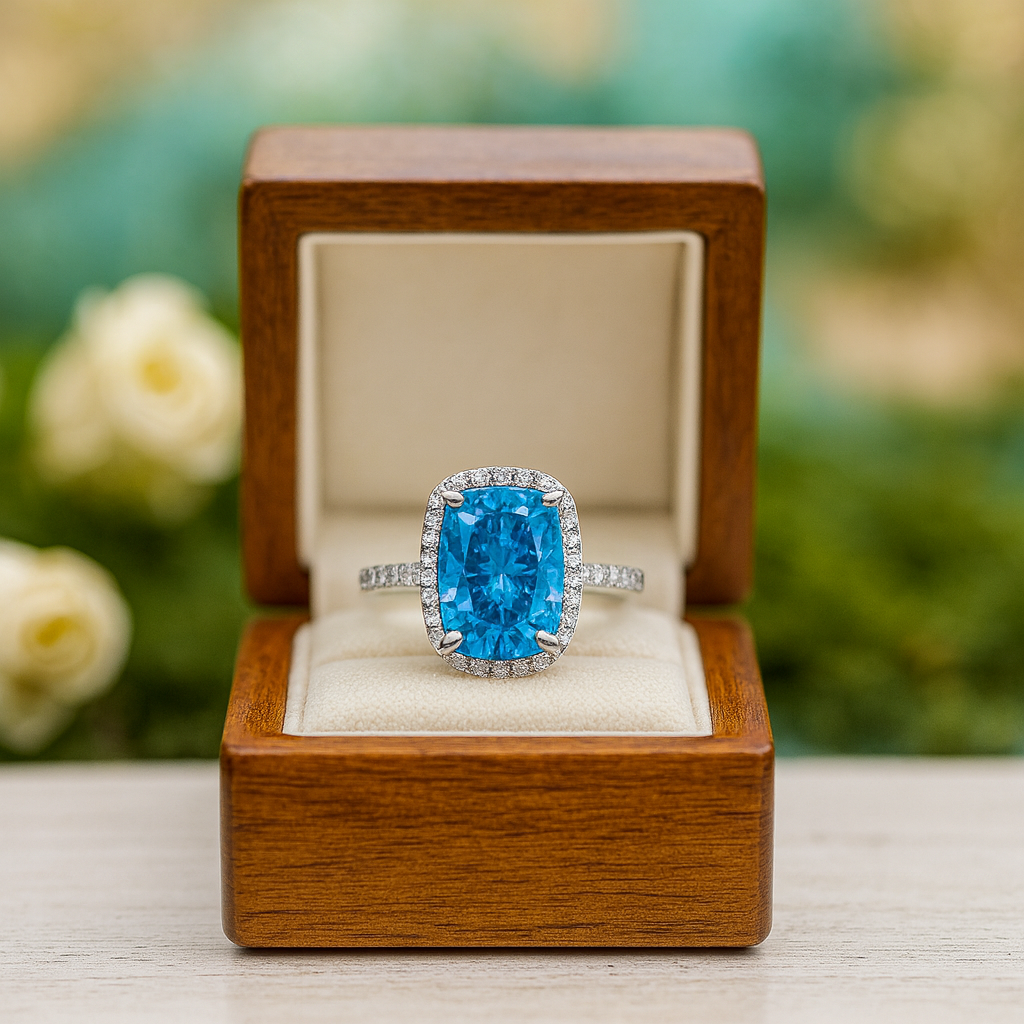 Cushion Cut 4.0ct Aquamarine Blue with Halo Engagement Ring - Evani Naomi Jewelry
