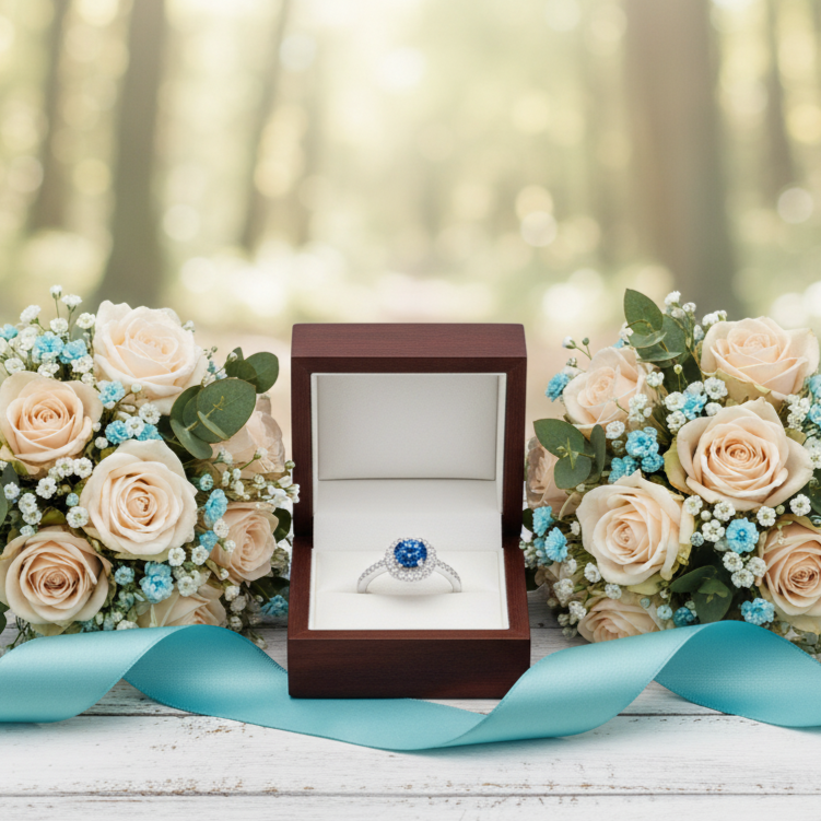 Engagement ring in a box with two flower bouquets on a wooden surface, blurred forest background