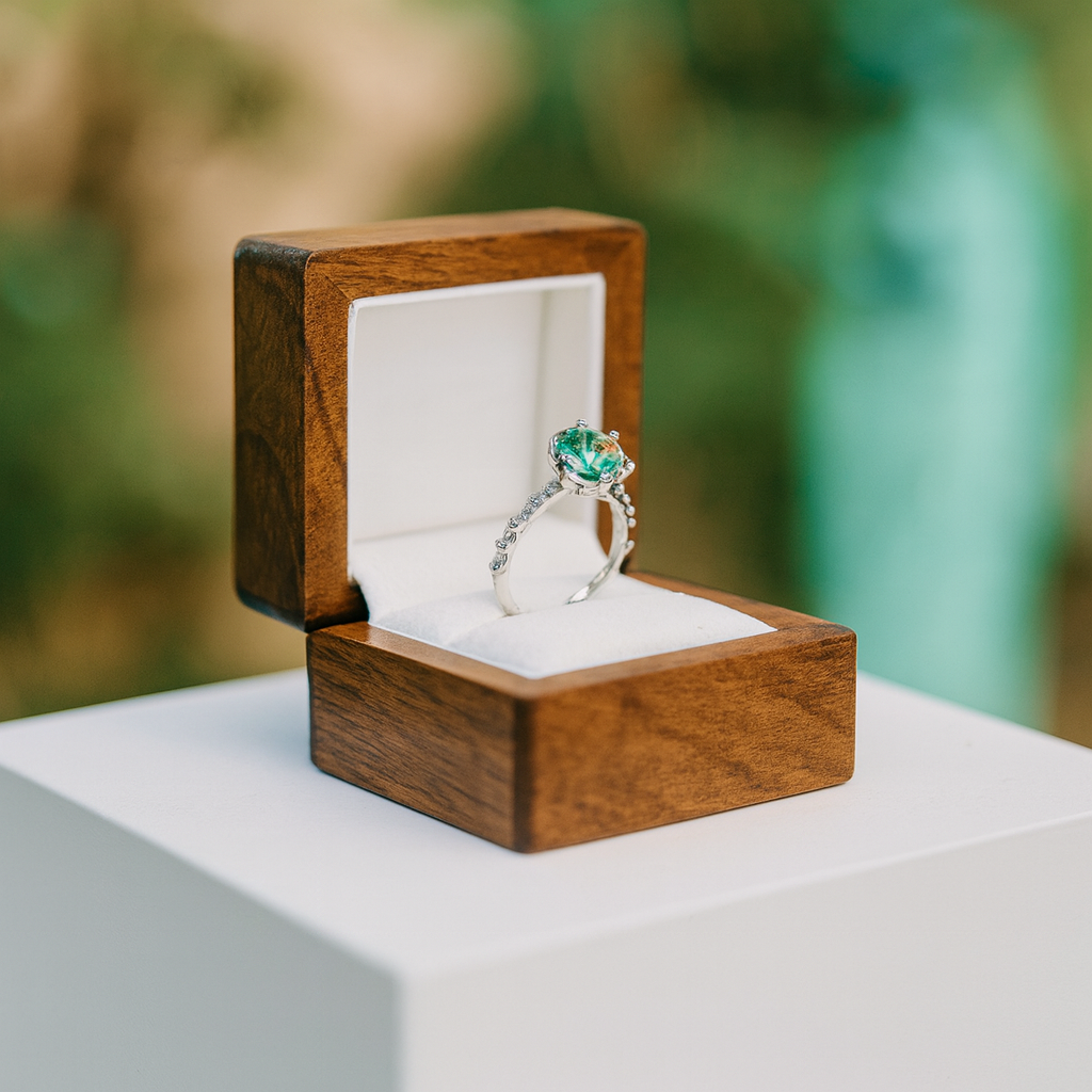 Engagement ring with a green gemstone in a wooden box on a blurred natural background