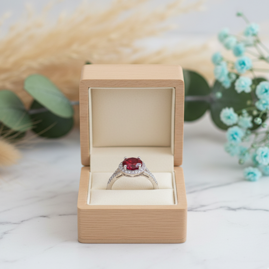 Engagement ring with a red gemstone in a wooden box on a marble surface with flowers and greenery.