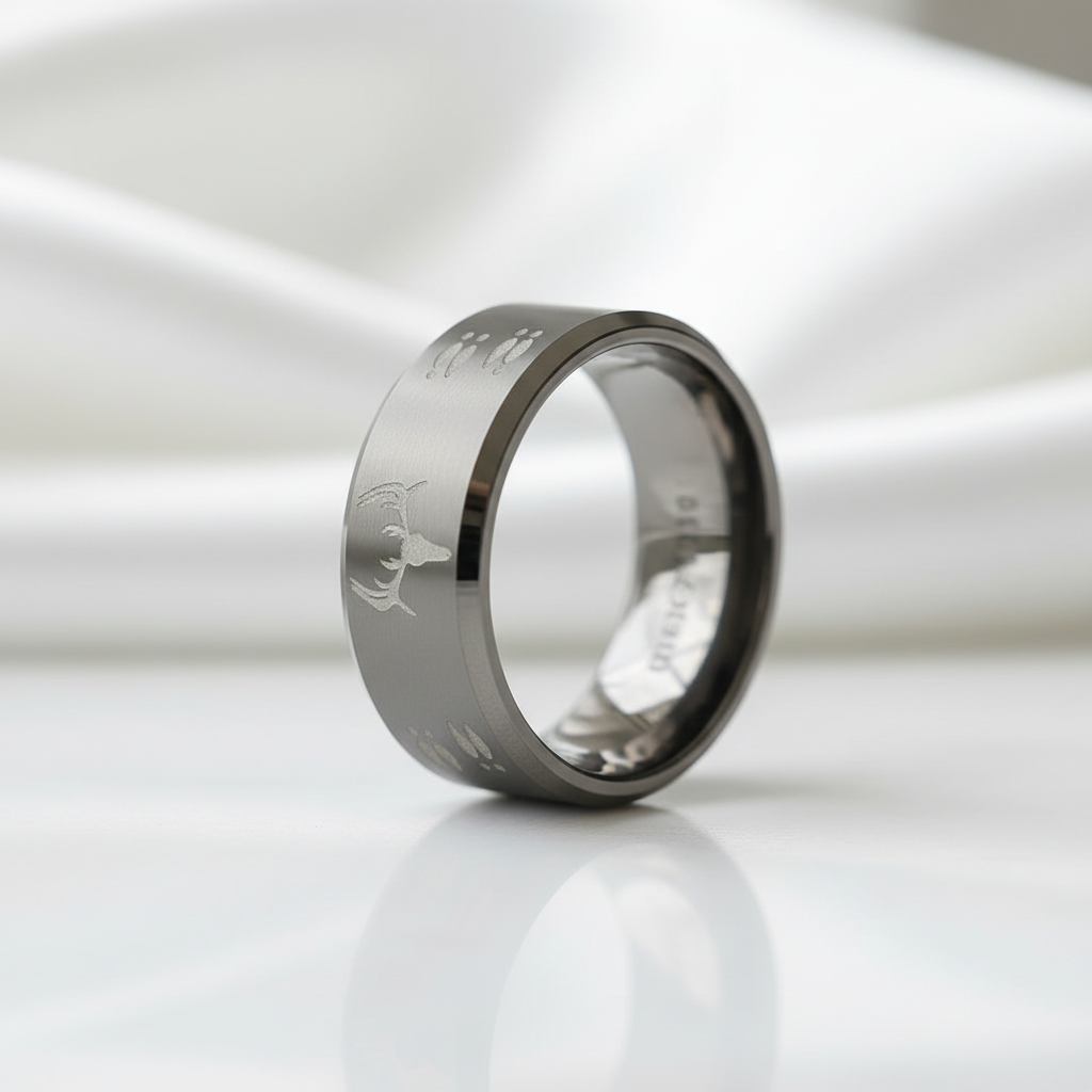 Engraved Deer 8mm Tungsten Men's Wedding Band - Evani Naomi Jewelry