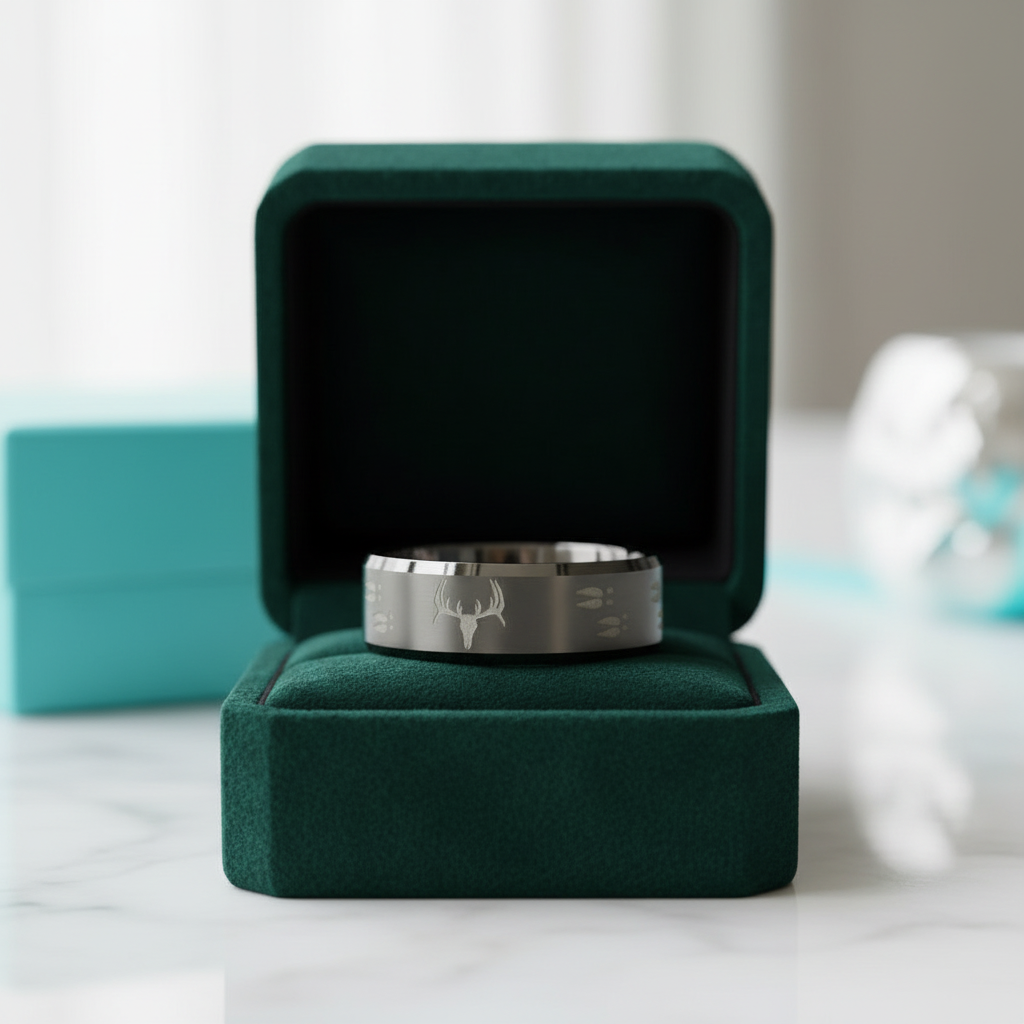 Engraved Deer 8mm Tungsten Men's Wedding Band - Evani Naomi Jewelry