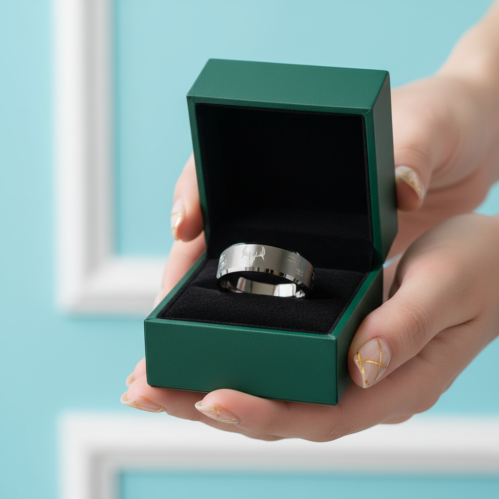 Engraved Deer 8mm Tungsten Men's Wedding Band - Evani Naomi Jewelry