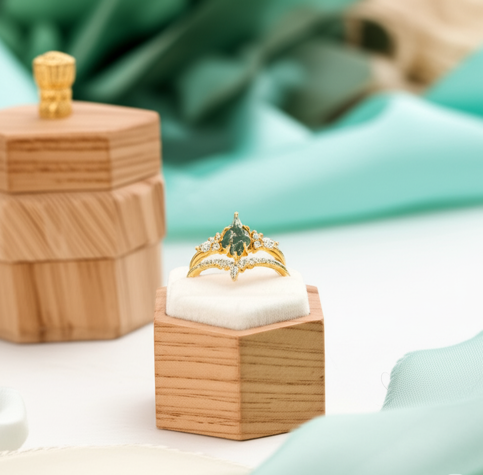 Eternal Love- Kite Shape Moss Agate Wedding Ring-Evani Naomi Jewelry