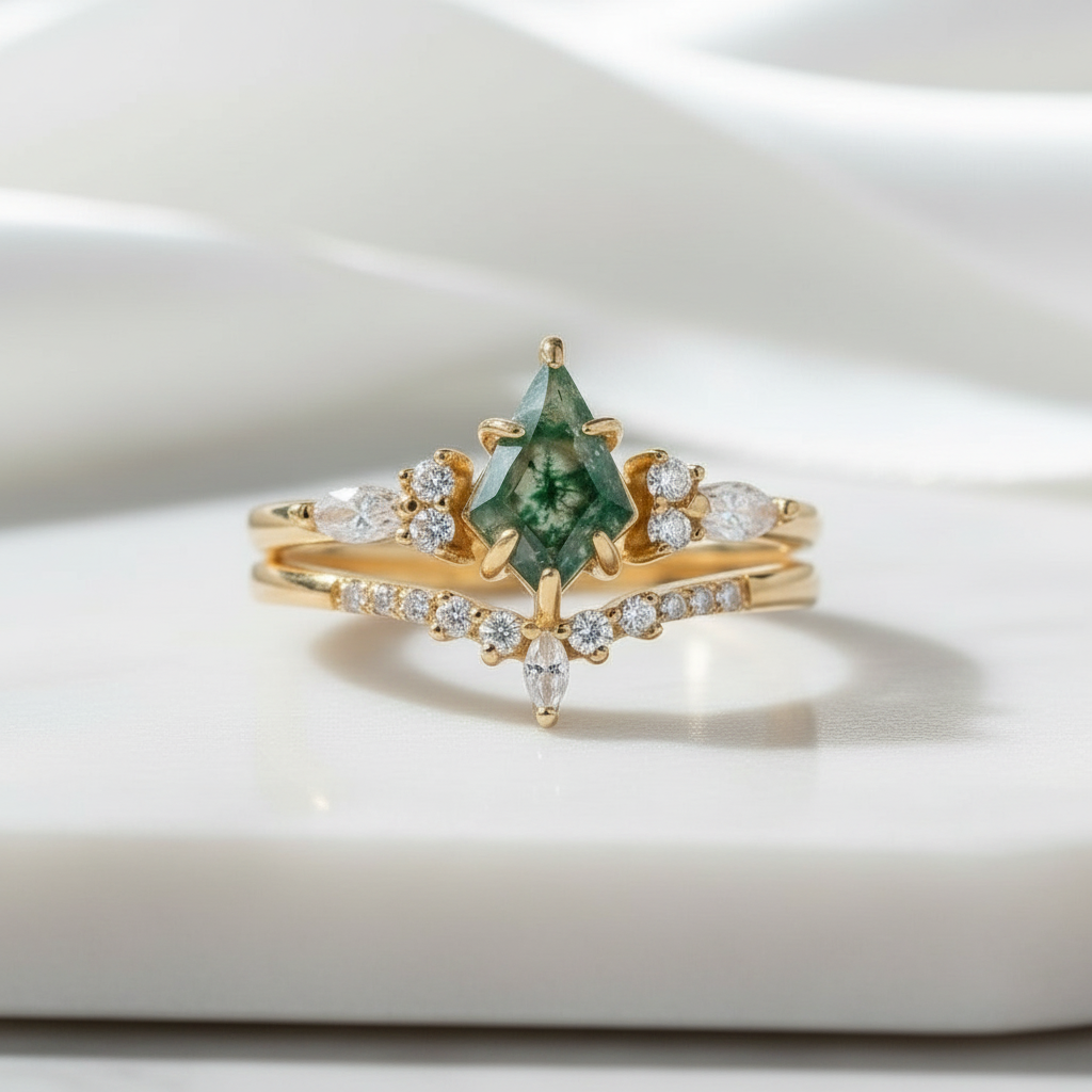 Eternal Love- Kite Shape Moss Agate Wedding Ring