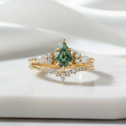 Eternal Love- Kite Shape Moss Agate Wedding Ring