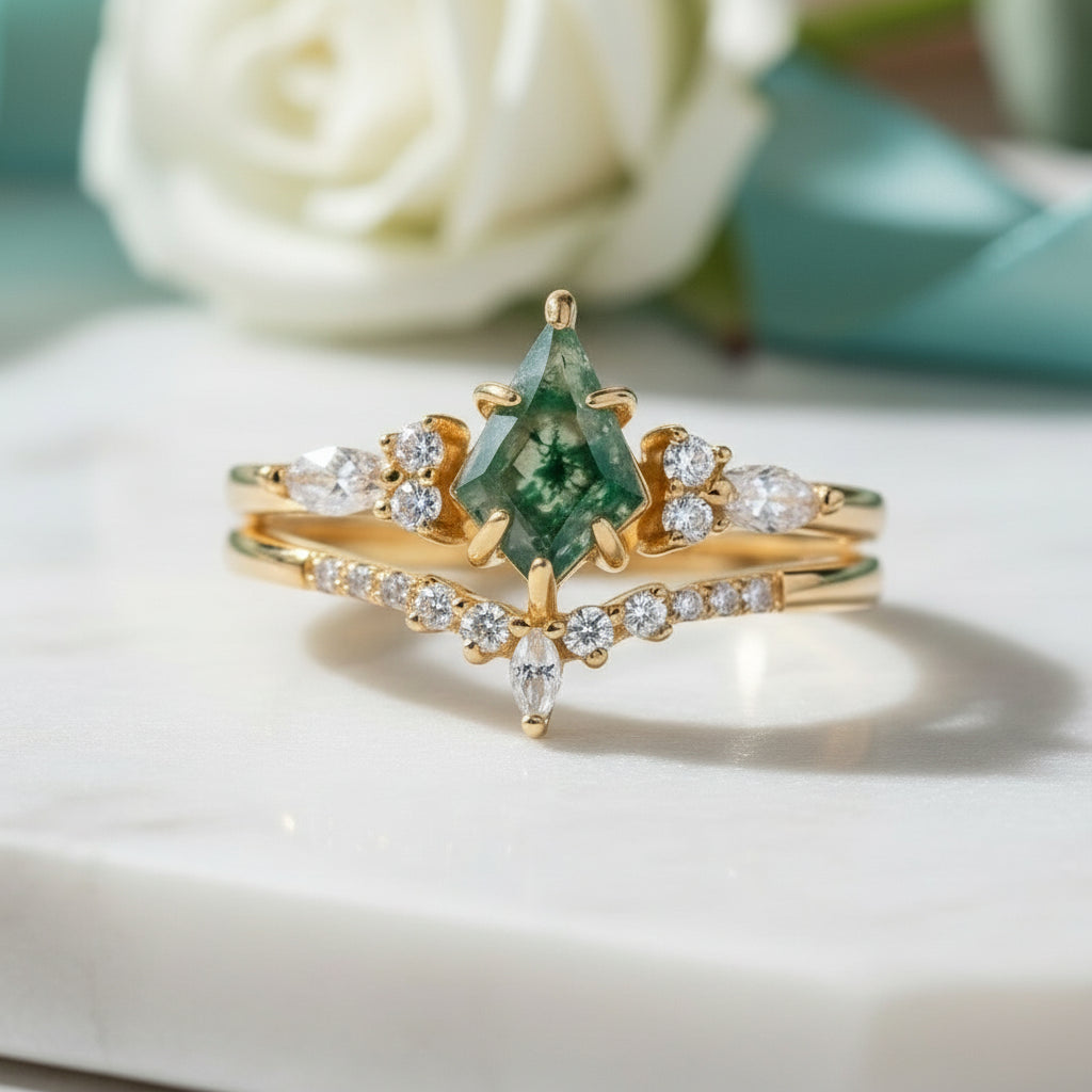 Eternal Love- Kite Shape Moss Agate Wedding Ring