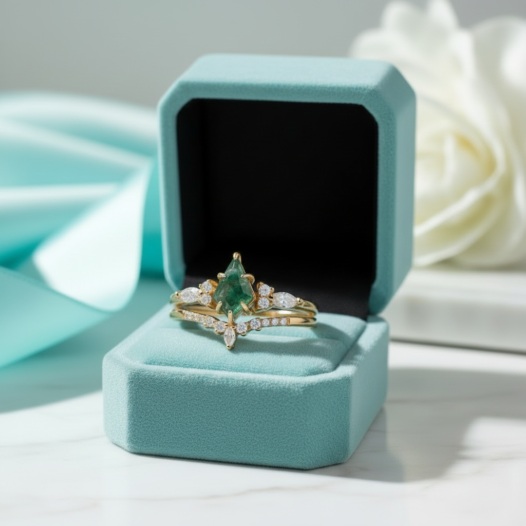 Eternal Love- Kite Shape Moss Agate Wedding Ring - Evani Naomi Jewelry