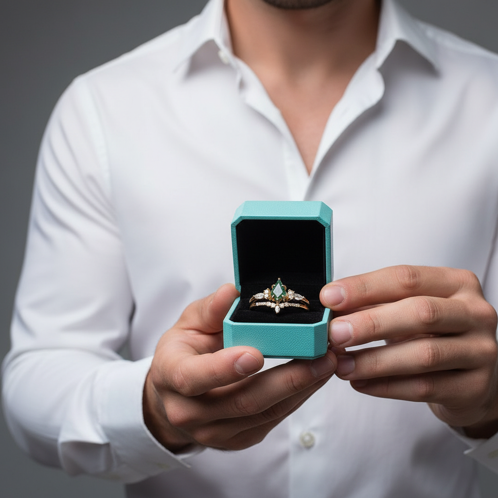 Eternal Love- Kite Shape Moss Agate Wedding Ring