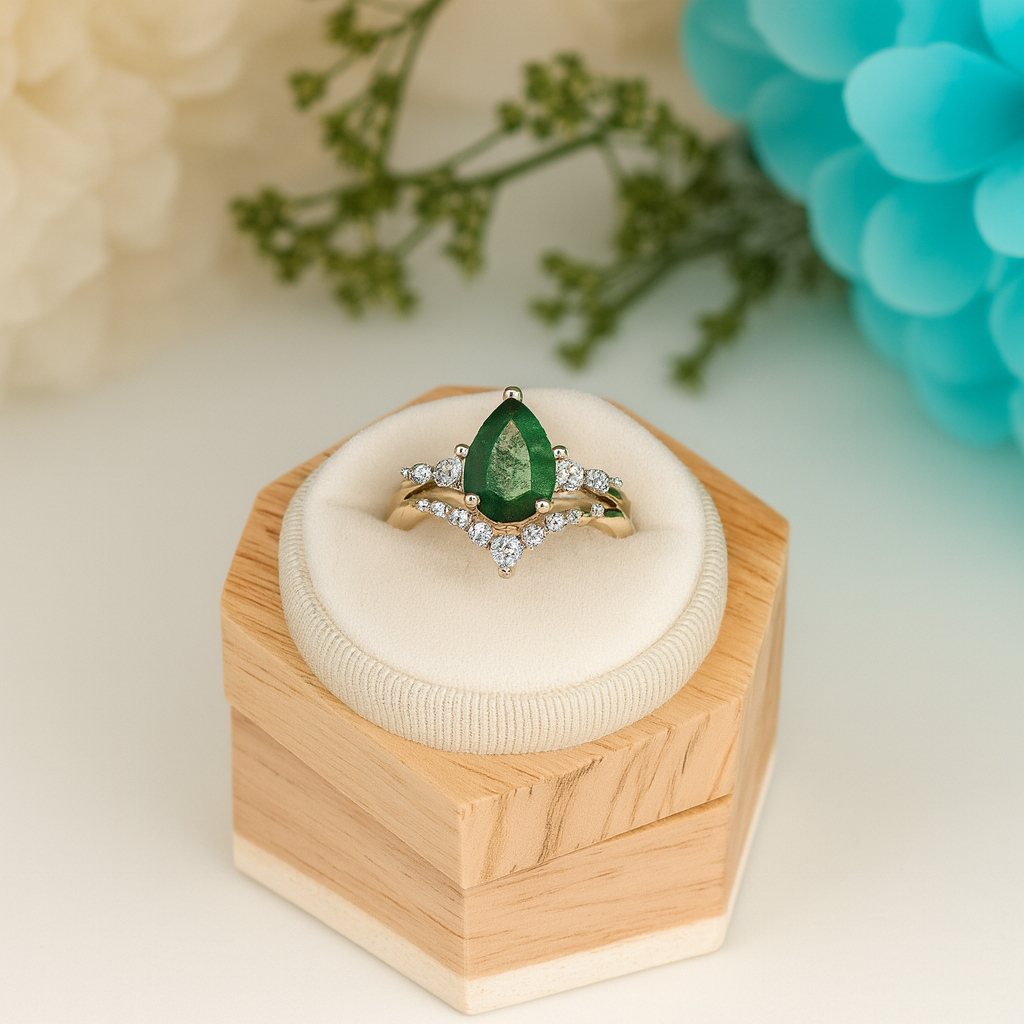Eternal Love- Kite Shape Moss Agate Wedding Ring-Evani Naomi Jewelry