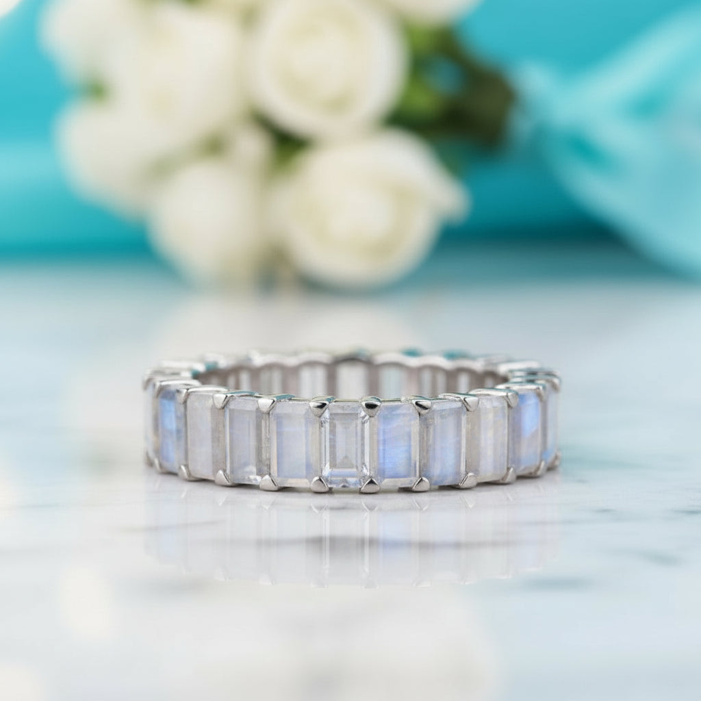 Eternity Moonstone Emerald Cut White Gold Wedding Band-Evani Jewelry