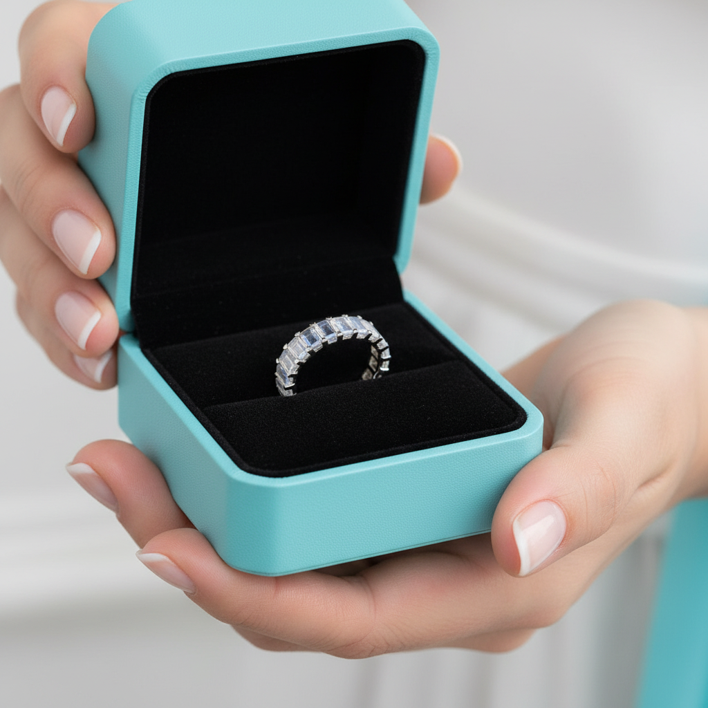 Eternity Moonstone Emerald Cut White Gold Wedding Band-Evani Jewelry