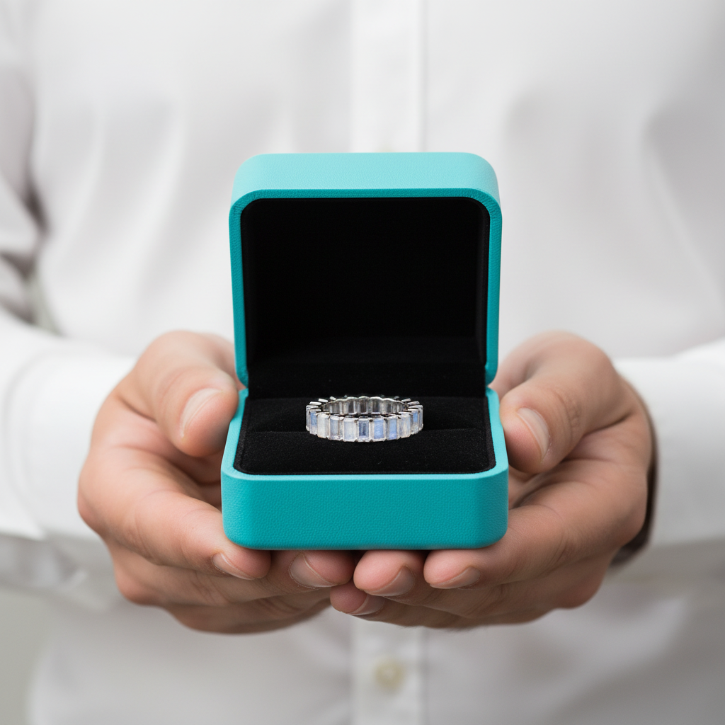 Eternity Moonstone Emerald Cut White Gold Wedding Band