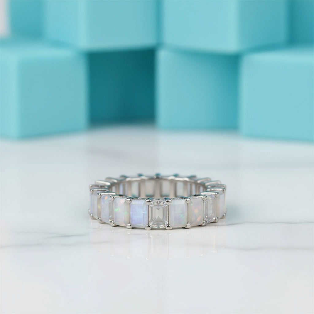 Eternity Moonstone Emerald Cut White Gold Wedding Band-Evani Jewelry