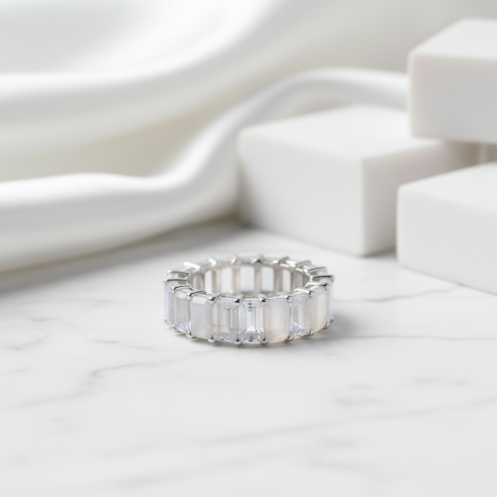 Eternity Moonstone Emerald Cut Rose Gold Wedding Band