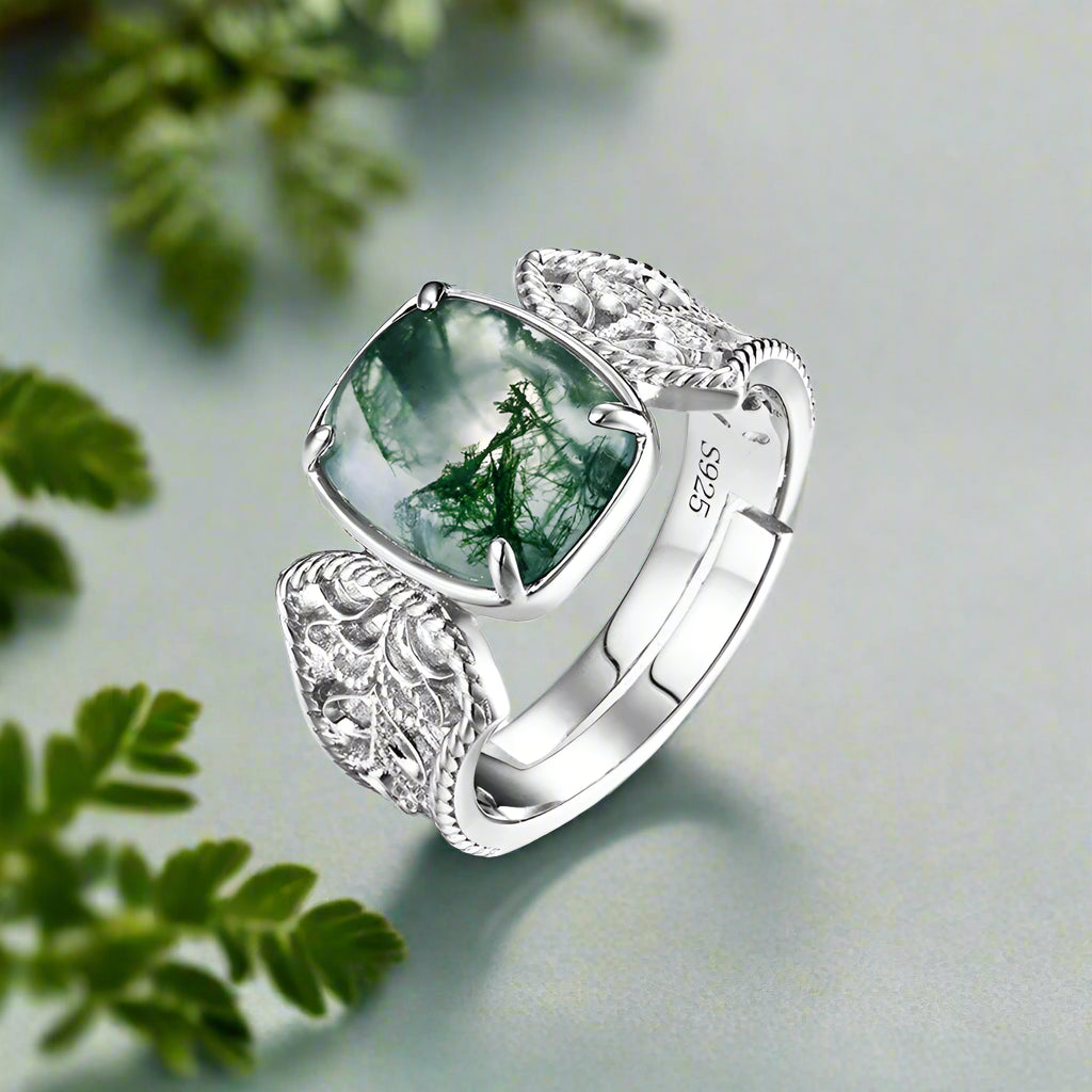 Natural Vintage 8*10mm Green Moss Agate Open Rings for Woman Wedding Gifts Certified Jewelry Wholesale-Evani Naomi Jewelry