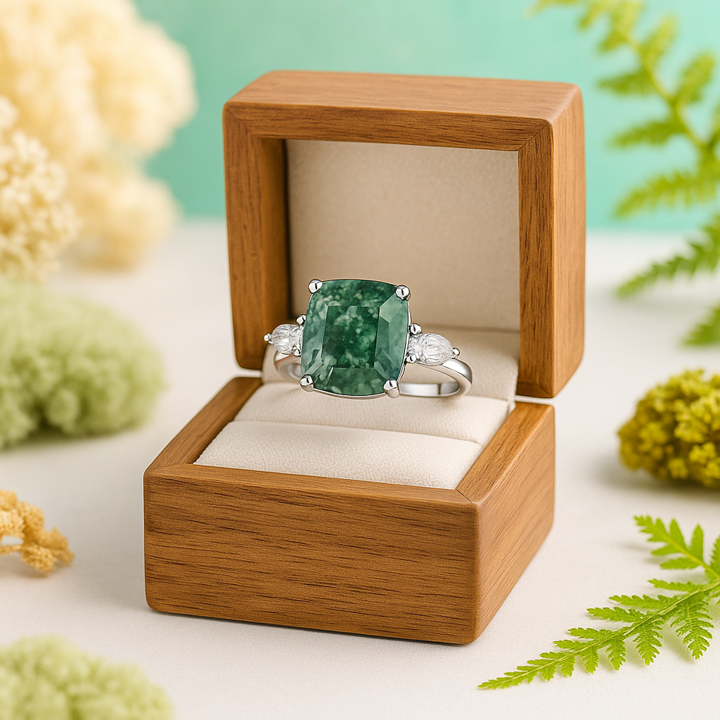 Green gemstone ring in a wooden box with a natural background