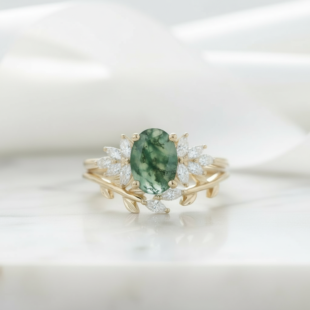 Tale of Two Souls- Oval Cut Moss Agate Ring Engagement Ring