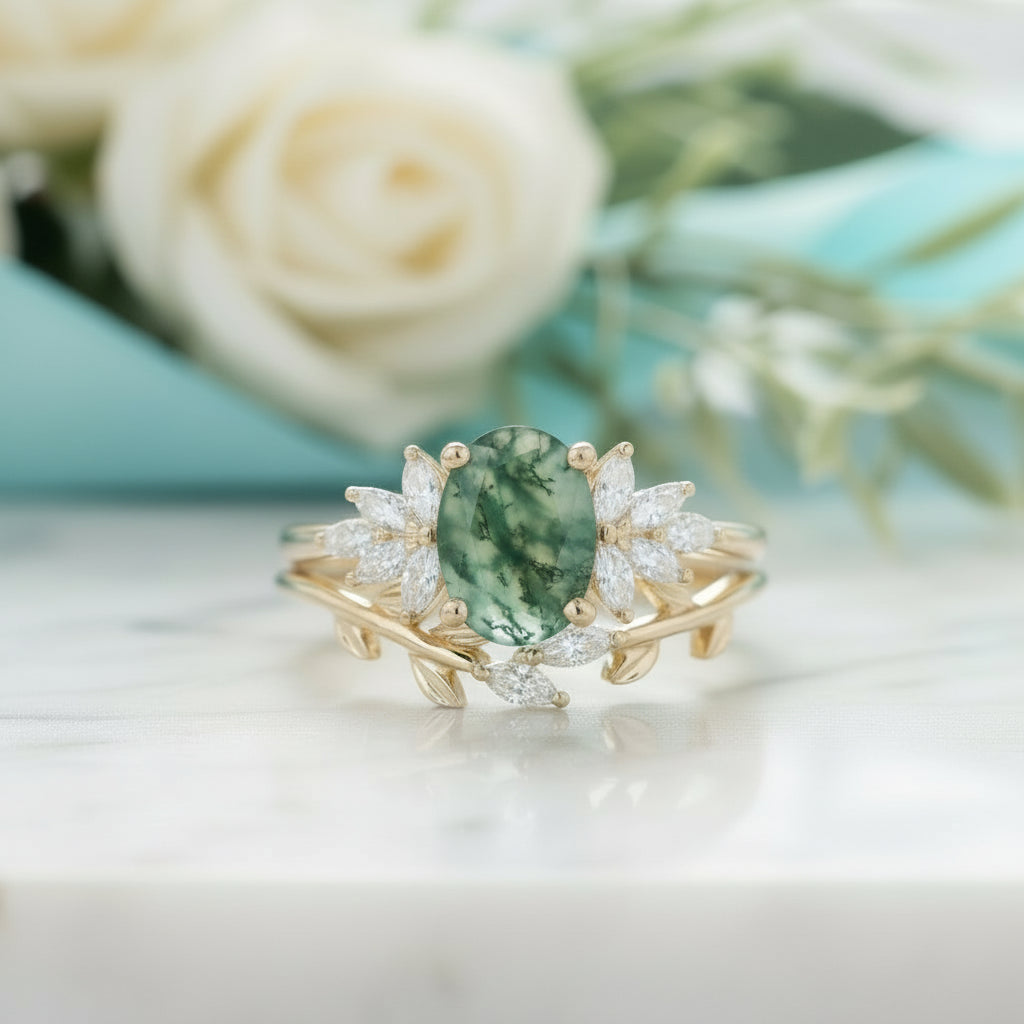 Tale of Two Souls- Oval Cut Moss Agate Ring Engagement Ring-Evani Jewelry