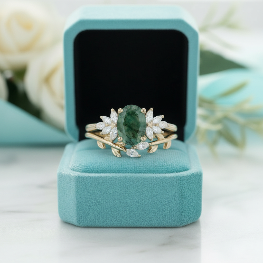 Tale of Two Souls- Oval Cut Moss Agate Ring Engagement Ring - Evani Naomi Jewelry