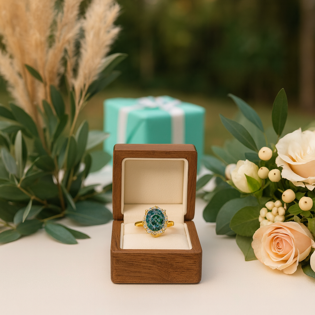 Halo of Dewdrops- Moss Agate Oval Cut Unique Cluster Halo Engagement Ring-Evani Jewelry