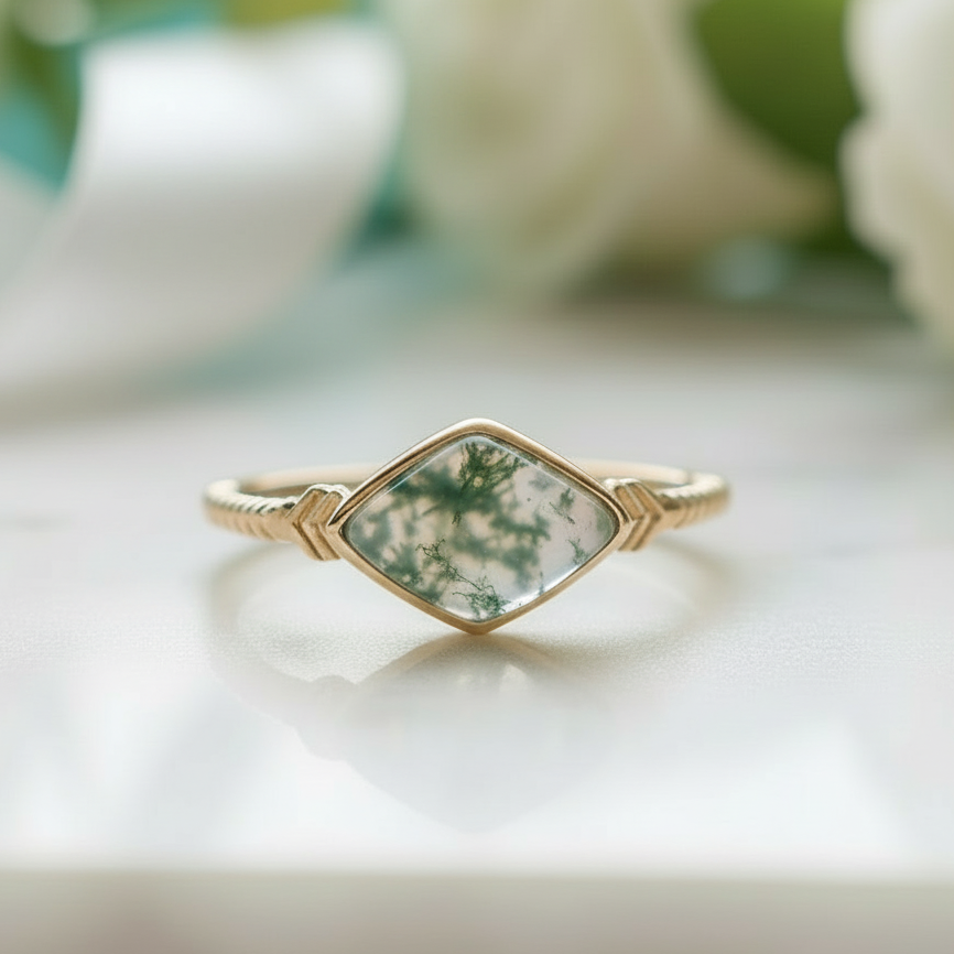 Twilight Vow- Diamond Cut Natural Moss Agate Ring