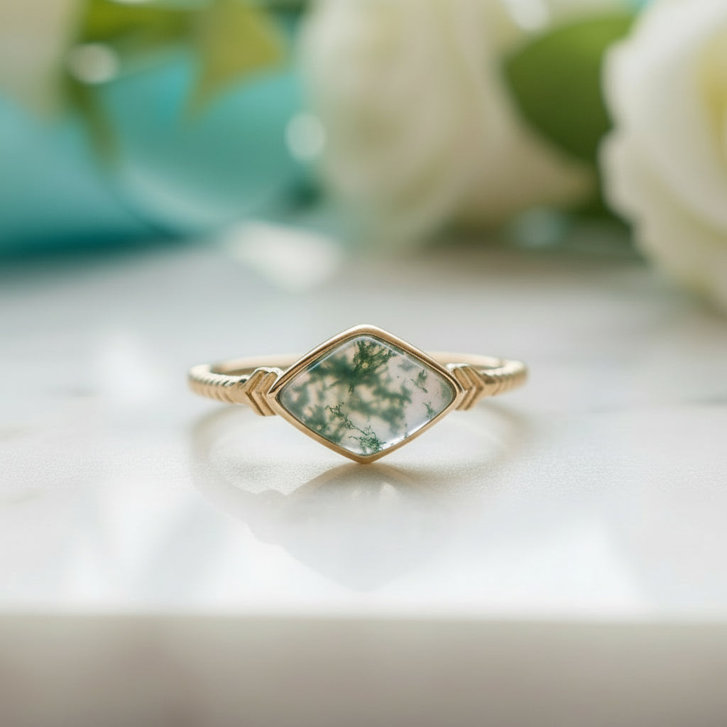 Twilight Vow- Diamond Cut Natural Moss Agate Ring-Evani Jewelry
